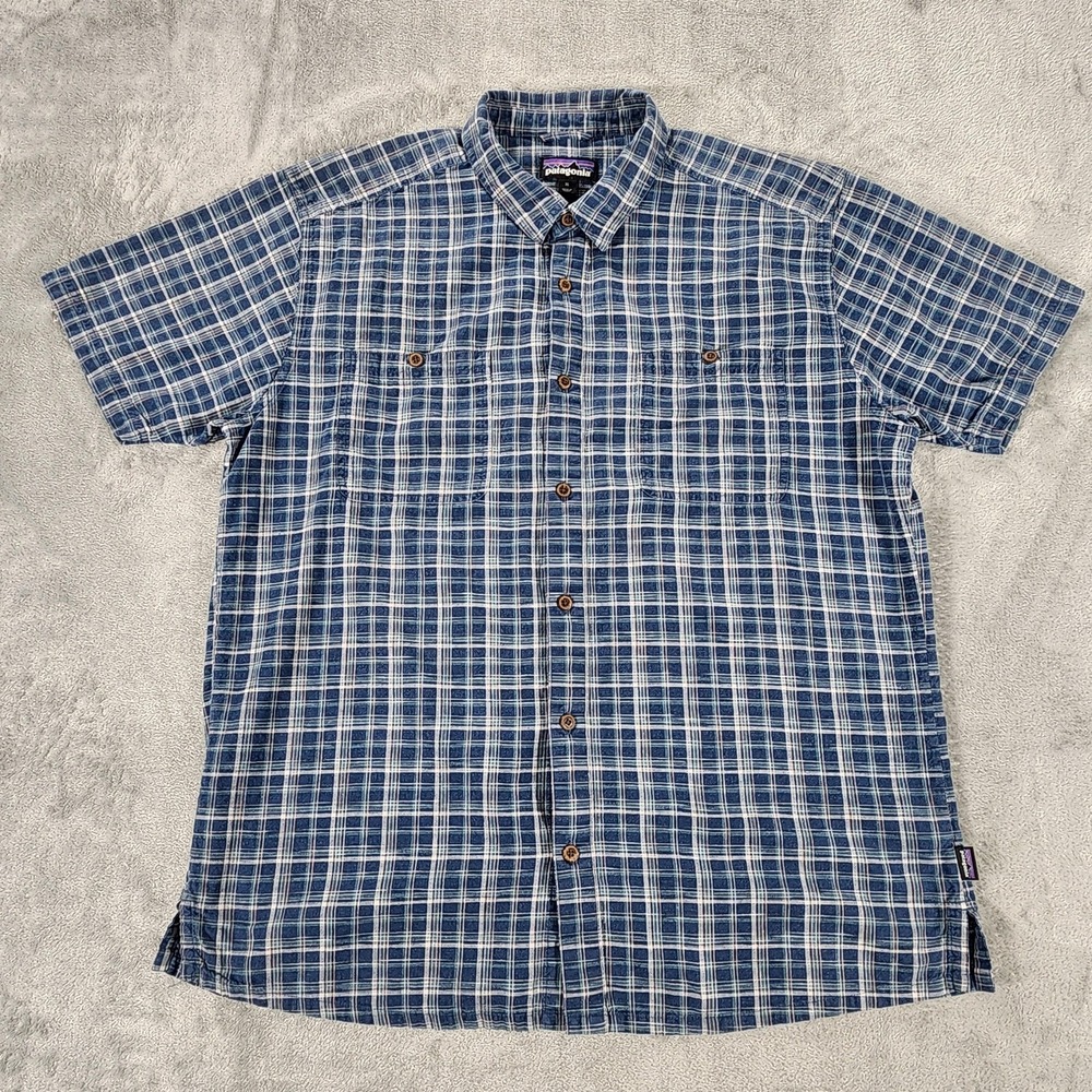 Patagonia Shirt Mens XL Blue Plaid Back Step Short Sleeve Button Down Hemp‎